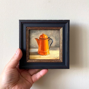 Coffee pot oil painting 4x4 kitchen art Dining room decor Kettle framed art Coffee still life painting Small oil artwork Coffee lover gift