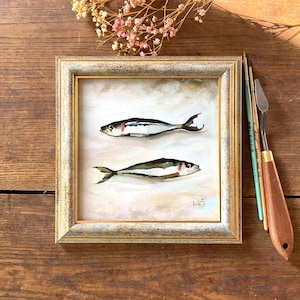 Sardines Oil Paintings, Fish Kitchen Art, Country French Decor, 6x6 Fine Art, Tiny Original Painting, Framed Wall Art, Rustic Home Decor