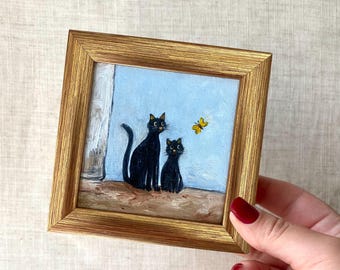 Black cat oil painting 3x3”: Framed small original art