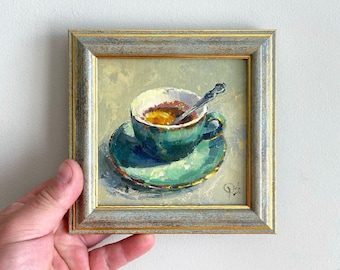 Tea Cup Small Kitchen Art. Emerald Green Original Oil Painting,  Framed Food Drink. Tea Lovers Gift. Impasto Artwork