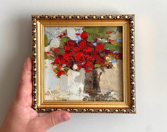Original Red Roses Oil Painting Impasto Flower Floral Artwork Small Textured Wall Art Abstract 6x6" Framed Hand-Painted