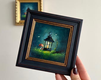 Mushroom oil painting, Vintage forest artwork landscape, Dark cottagecore art, Miniature original painting, Small framed kitchen art