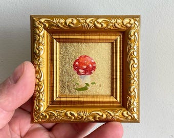 Mushroom Miniature Oil Painting with Gold Leaf - Tiny Framed Kitchen Art Fly Agaric Goblincore Decor (2x2)