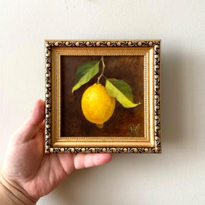 Lemon kitchen art, Small original oil painting, Food oil painting in a frame, Dining room decor, Classic oil artwork