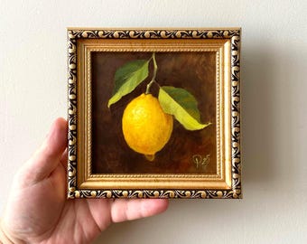 Lemon kitchen art, Small original oil painting, Food oil painting in a frame, Dining room decor, Classic oil artwork