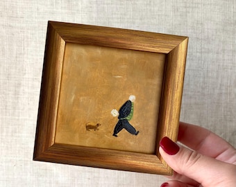 Small framed oil painting: Old man with dog, Original vintage painting,  3*3” canvas artwork