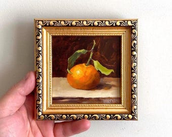Orange original oil paintings Framed kitchen art Small Clementine Still life Framed Dining Decor