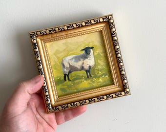 Small Sheep original oil painting 4x4 bovine art Framed rustic wall art Lamb shelf decor Animal wall decor Tiny pastoral scene