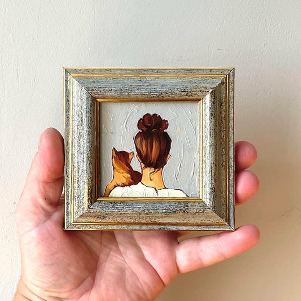 Tiny Original Oil Painting: Woman with Cat, Female Faceless Portrait (3x3 Framed Art)