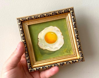Fried egg small original oil painting Framed food kitchen art Hand painted Still life