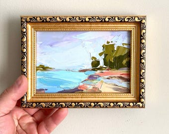 Ocean Original Oil Painting. Tiny Framed Wall Art. Impasto coastal Decor. Small Hand-Painted Art 6x4"