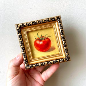 Red Tomato tiny oil painting Small framed kitchen art Realistic food original artwork Miniature fruit vegetable still life Gift for Mom