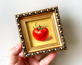 Red Tomato tiny oil painting Small framed kitchen art Realistic food original artwork Miniature fruit vegetable still life Gift for Mom