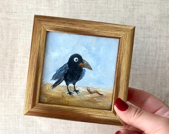 Crow oil painting 3*3”: Black bird mini original framed art