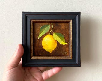 Lemon kitchen art, Small original oil painting, Food oil painting in a black frame, Dining room decor, Classic oil artwork