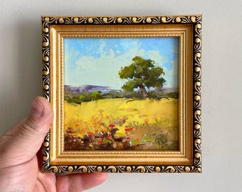 Oak Tree Original Oil Painting. Small Abstract 5x5" Hand-Painted Art. Landscape National Park.