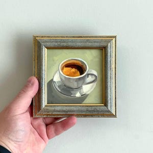 Small coffee cup kitchen art, food oil painting, Contemporary art in a frame, Dining room decor, Classic oil artwork