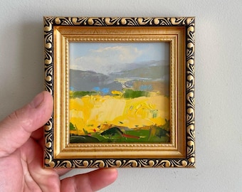 Yellow Flower Field Oil Painting Original Small Framed Artwork Tiny countryside landscape (4x4")
