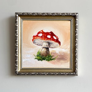 Mushroom kitchen art, Small original oil painting in a framed, Fly agaric artwork, Rustic home decor, Gift for her, Gift for housewarming