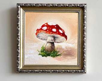 Mushroom kitchen art, Small original oil painting in a framed, Fly agaric artwork, Rustic home decor, Gift for her, Gift for housewarming
