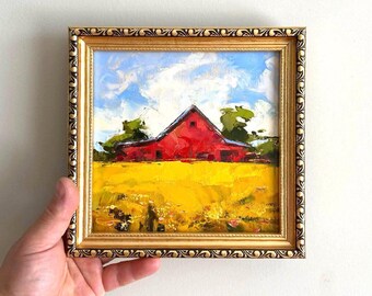 Red Barn Original Oil Painting. Small Landscape. 7x7" Abstract Hand-Painted. Country Farm Decor.