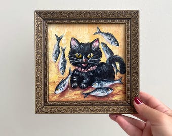 Black cat with sardine small oil painting in a framed, Funny black cat and fish art, 6x6 Original artwork, Pet lover gift