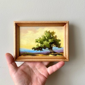 Oak tree landscape art, California hillside oil painting. Original miniature National Park art, 6x4 Framed art