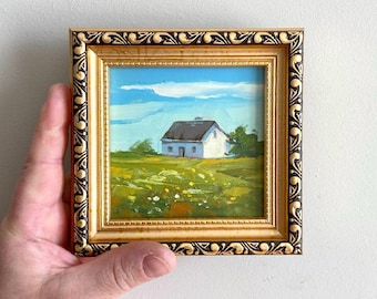 White House Countryside Landscape Original Oil Painting Small Hand-Painted Art Farmhouse Decor Swiss Alps Scene (4x4)