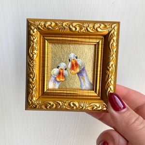 White goose oil painting in a frame 2x2”, Small kitchen art, Miniature painting with gold leaf, Original handmade painting, Gift for her