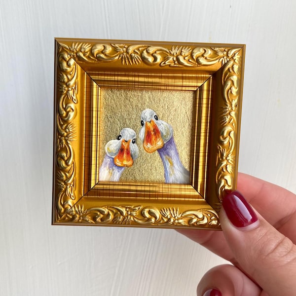 Hand-Painted Goose Oil Painting with Gold Leaf, Miniature Framed Kitchen Art (2x2”)