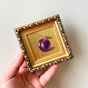 Plum tiny oil painting with gold leaf Small framed kitchen art 3x3 Realistic food original art Miniature fruit paintings Gift for Mom