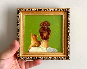 Small original oil painting Female faceless portrait. Cat lover gift. Framed art. Bedroom decor.
