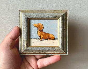 Tiny оriginal oil painting Framed Dachshund art hand painted 3x3" Puppy dog portrait