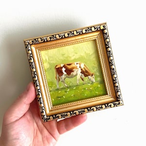 Small Cow original oil painting 4х4 animal art Framed impressionist painting Dining room decor Classic oil artwork Pastoral scene Swiss Alps
