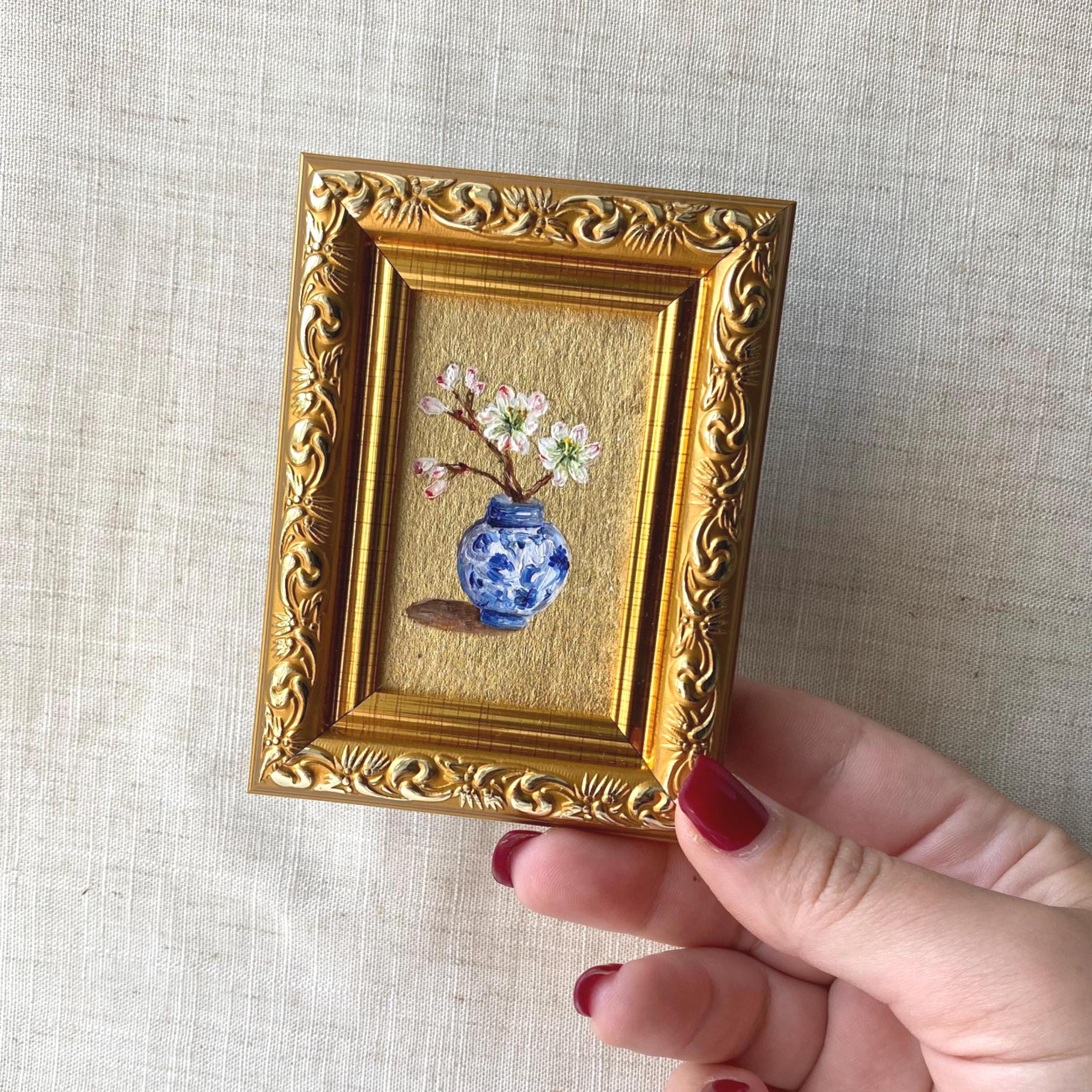 Chinoiserie vases oil painting 2*3” in a frame, Painting on gold leaf, White and blue decor, Miniature original painting Small kitchen art