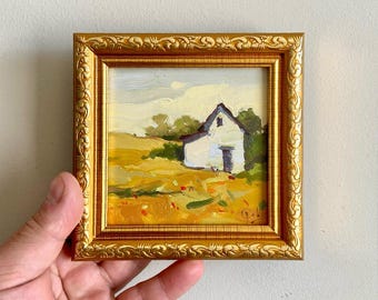 House Countryside Landscape. Original Oil Painting. Farmhouse Decor. Small Abstract 4x4" Hand-Painted Art