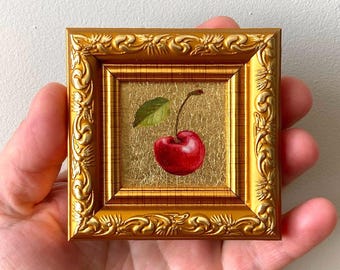 Cherry Miniature Oil Painting with Gold Leaf - Framed Kitchen Art (2x2) Tiny fruit paintings