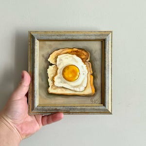 Fried egg kitchen art, Small food oil painting, Small oil painting in a frame, Dining room decor, Classic oil artwork
