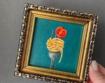 Fork and spaghetti original oil painting, Small framed kitchen art 4x4”, Tomato still life oil artwork, Italian food art, Dining room decor