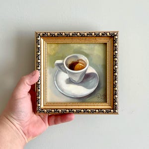 Small coffee cup kitchen art, food oil painting, Contemporary art in a frame, Dining room decor, Classic oil artwork