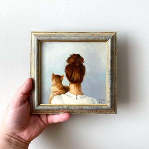 Small oil painting woman with cat, Female faceless portrait, Cat lover gift, 6x6 original framed art, Bedroom wall decor