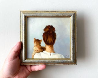 Small oil painting woman with cat, Female faceless portrait, Cat lover gift, 6x6 original framed art, Bedroom wall decor