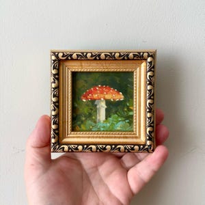 Mushroom tiny oil painting Fly agaric 3x3 original art Small framed kitchen art Dark cottagecore artwork Goblincore decor Miniature painting