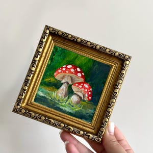Mushroom oil painting, Dark cottagecore art, Goblincore decor, Miniature original painting, Fly agaric artwork, Small framed kitchen art