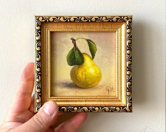 Pear Small Original oil painting 4x4 Kitchen art Framed still life Dining Decor Housewarming gift