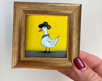 Hand-Painting Goose oil painting: Small kitchen art, Miniature framed painting (2*2”)