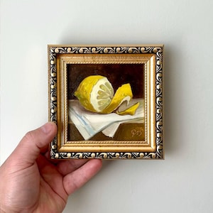 Small Lemon original oil painting, 4х4 kitchen art, Food oil painting in a frame, Dining room decor, Classic oil artwork