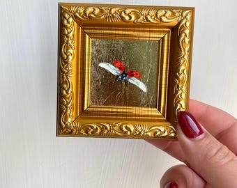 Ladybug Oil Painting on Gold Leaf, Original Framed Miniature Art, 2x2 inch