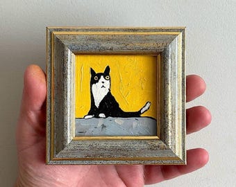 Tiny оriginal oil painting Framed Black Cat art hand painted 3x3" Puppy Cat portrait