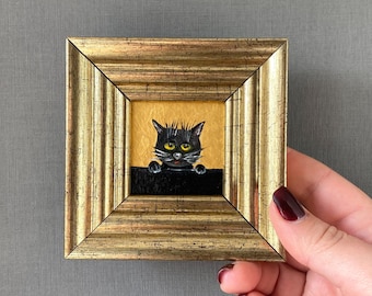 Black cat mini oil painting in a frame 2x2”, Small kitchen art, Original handmade painting, Kitchen refrigerator magnet, Fun unique gift